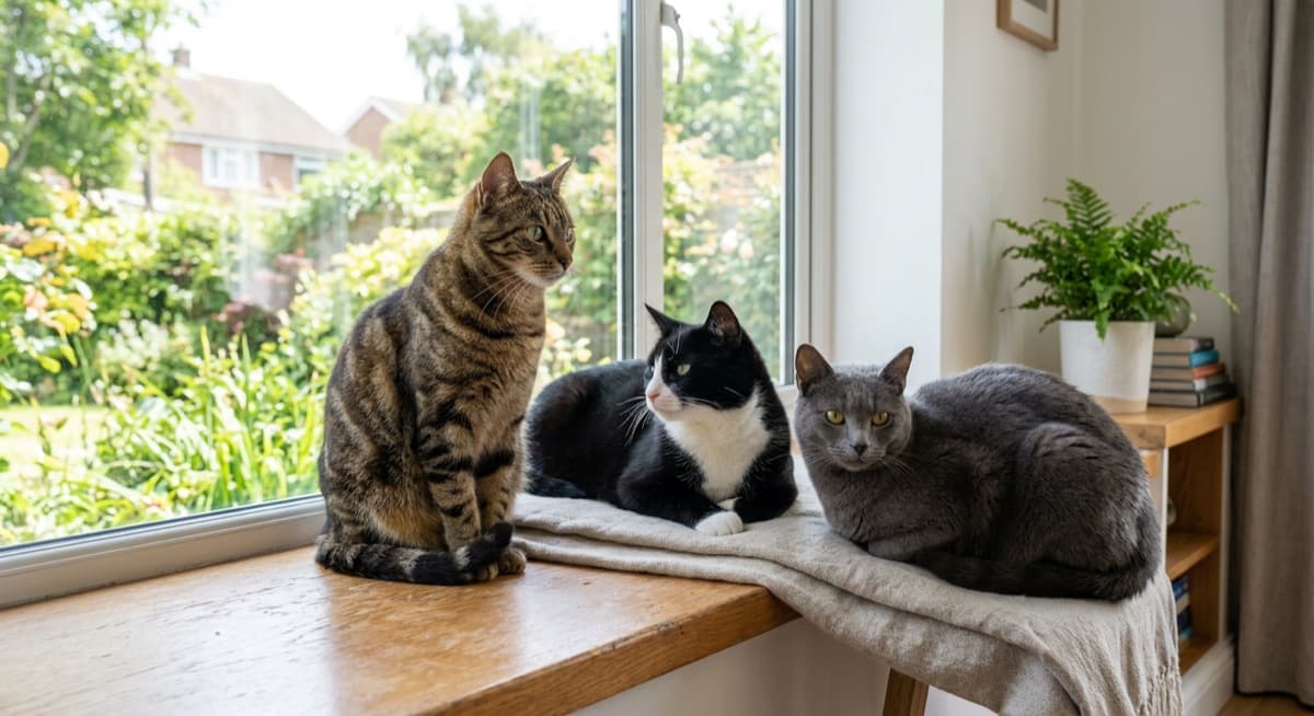Three Domestic Shorthair rescue cats with different coat patterns: a brown tabby, a black-and-white tuxedo, and a grey cat sitting together on a windowsill in a bright Calgary home