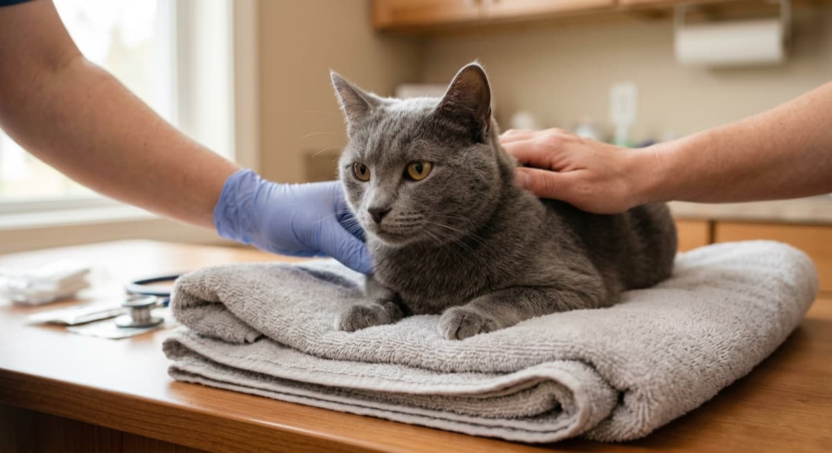 A grey Domestic Shorthair cat being gently examined on a soft towel during a routine wellness check in a calm Calgary setting