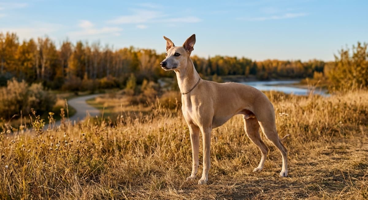 A fawn Whippet standing alert on the prairie grass at a Calgary off-leash park with the Bow River and a clear sky in the background