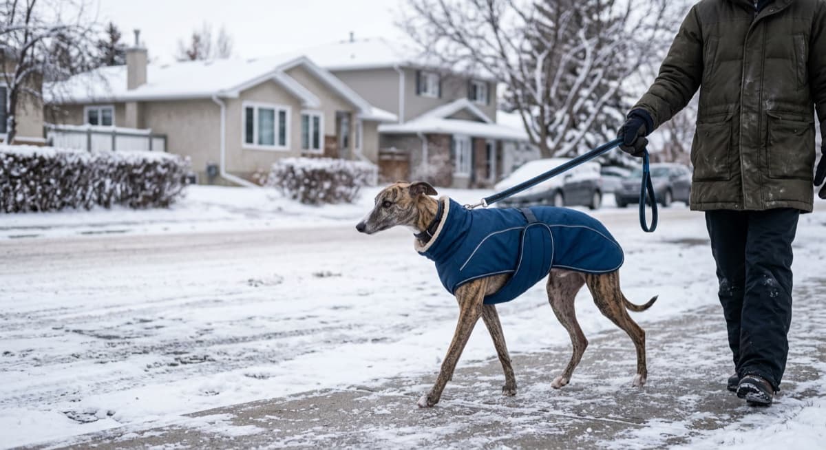 A brindle Whippet wearing a fitted winter coat walking on a snowy sidewalk in a Calgary neighbourhood with bare trees and prairie sky in the background