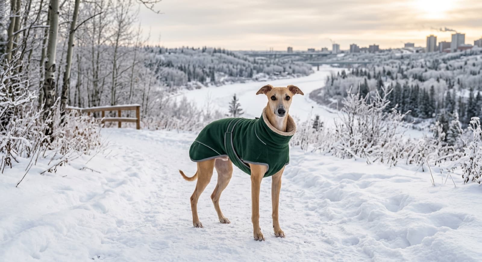 An adult fawn Whippet wearing a fleece-lined winter coat standing on a snowy Edmonton walking path, alert and calm expression