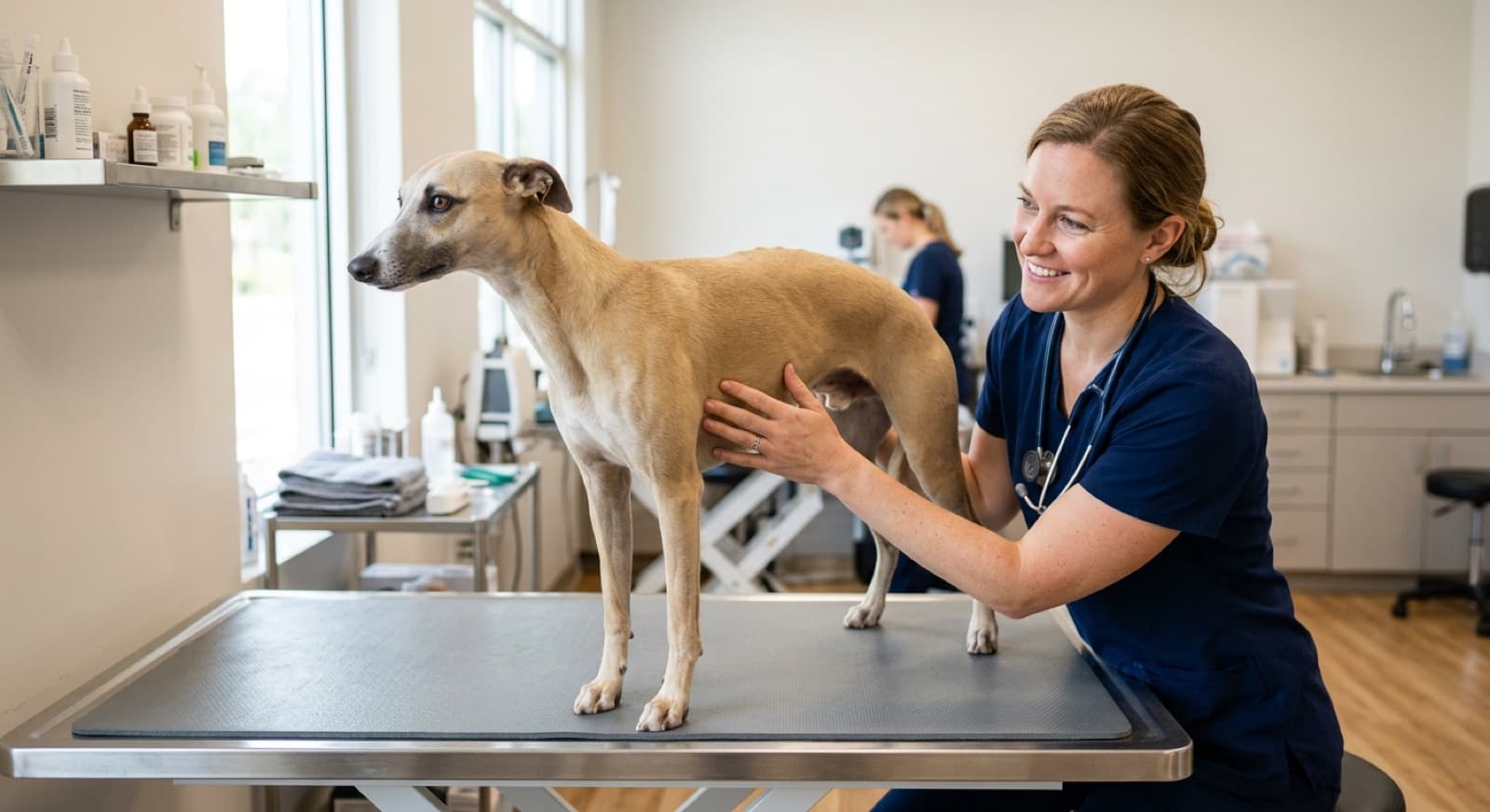 A sleek Whippet standing calmly for a veterinarian in a bright Calgary clinic