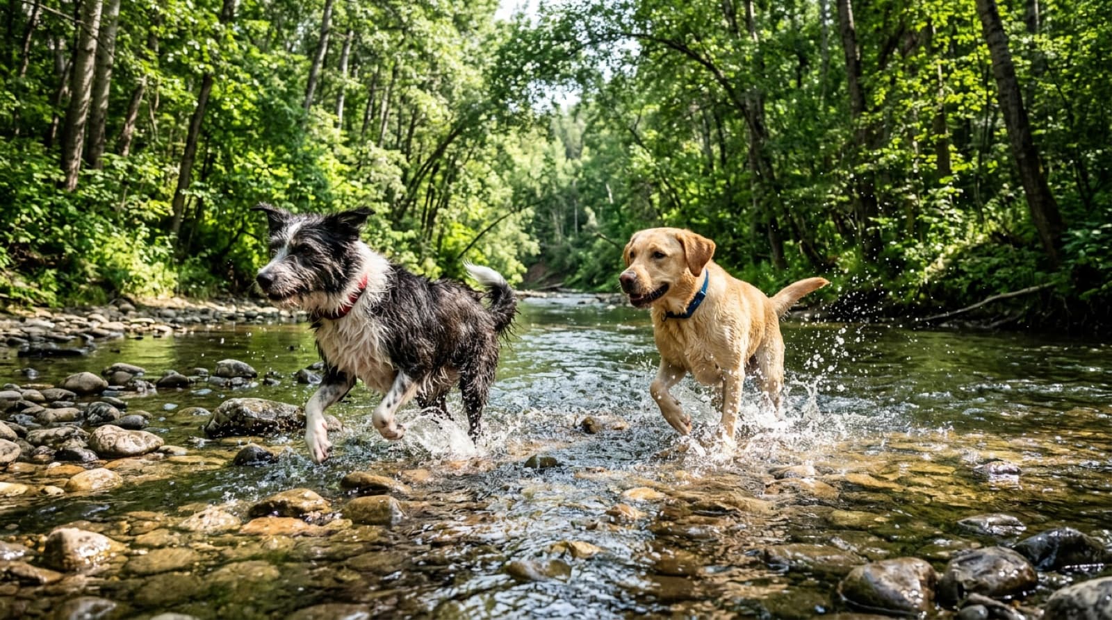 A border collie mix and a Labrador retriever wading in the shallow Whitemud Creek in west Edmonton on a sunny summer afternoon, ravine walls covered in mature deciduous trees framing both sides.