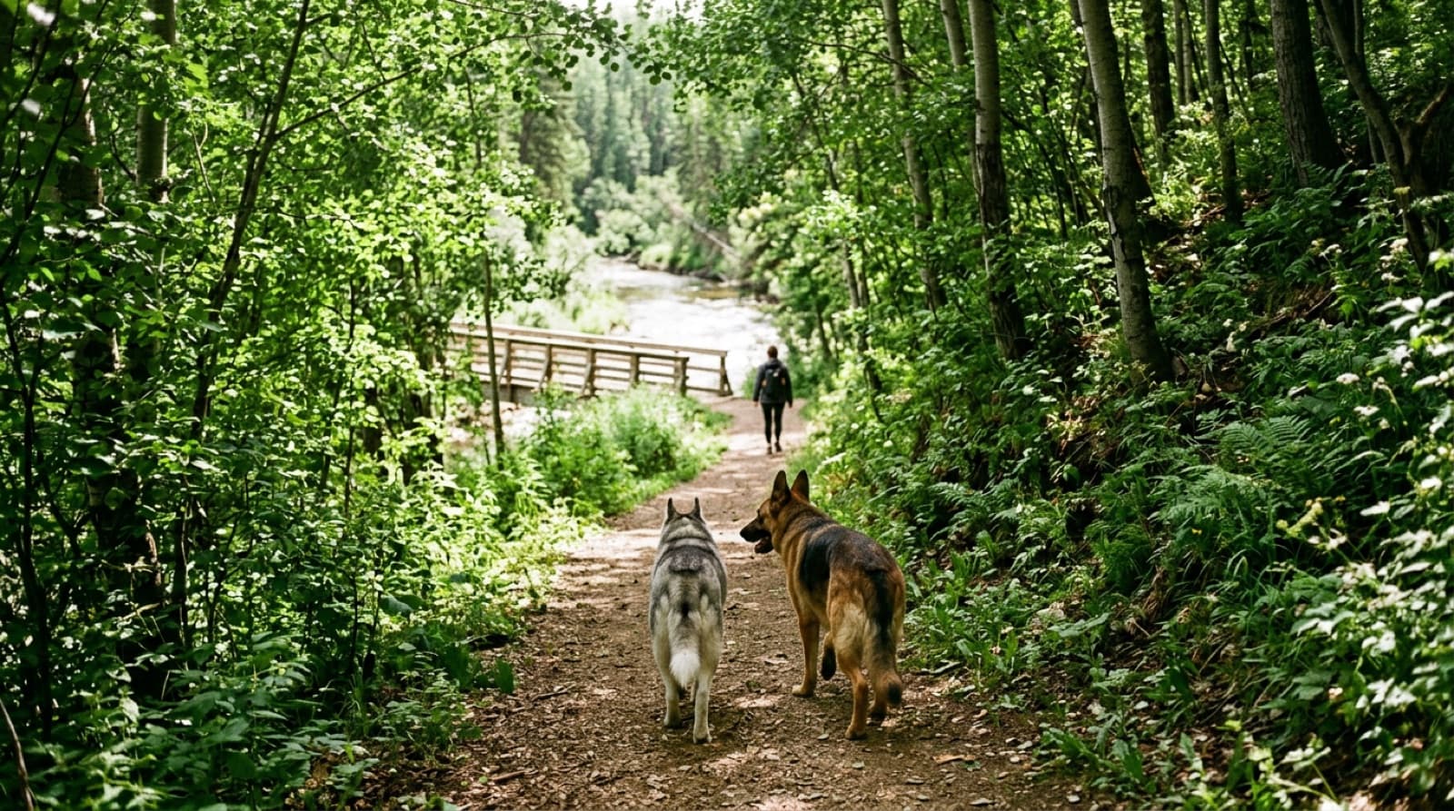 A German shepherd and a husky walking together along a narrow forested trail in Whitemud Ravine Nature Reserve in west Edmonton, with mature aspen canopy overhead and the ravine wall rising on the right.