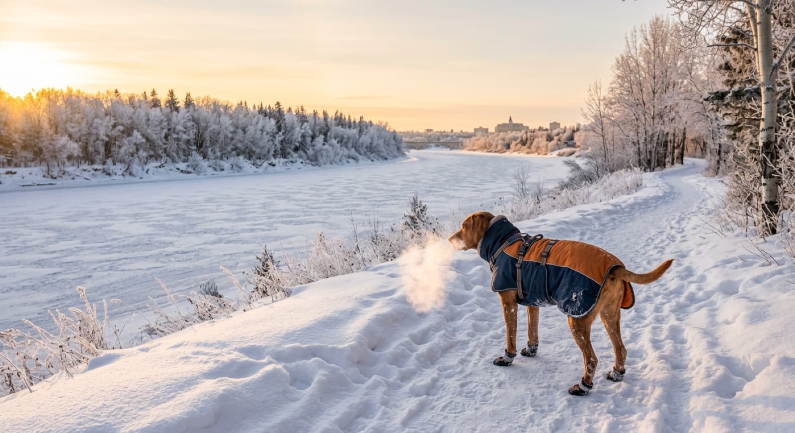 A bundled-up dog on a snowy Saskatoon riverside trail in deep winter