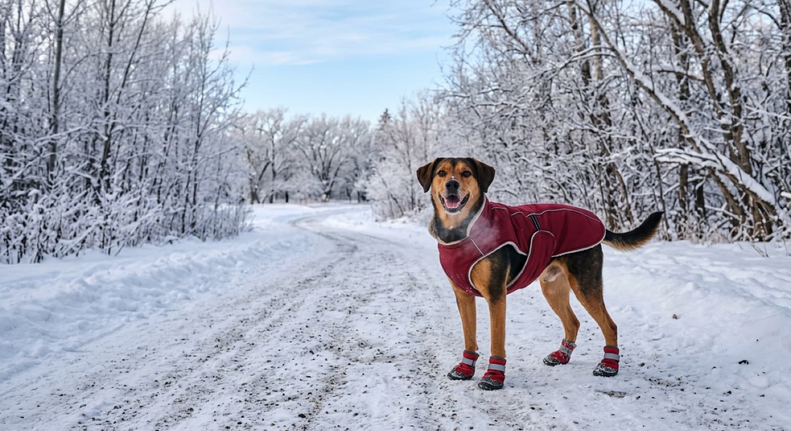 A dog in a winter coat and booties on a snowy Winnipeg path during a deep freeze