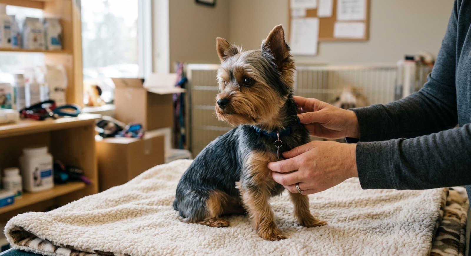 An adult Yorkshire Terrier with a silky tan and steel-blue coat sitting alertly in a Calgary home, illustrating the small adult body and big personality of the breed in rescue