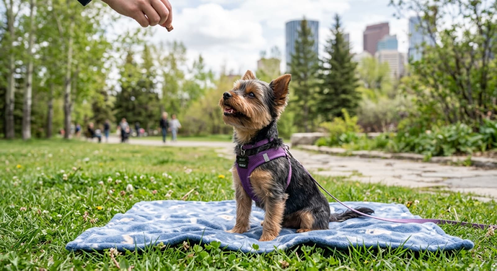A small Yorkshire Terrier walking calmly on-leash beside its Calgary owner on a residential sidewalk, illustrating force-free training and confident ground-level walking.