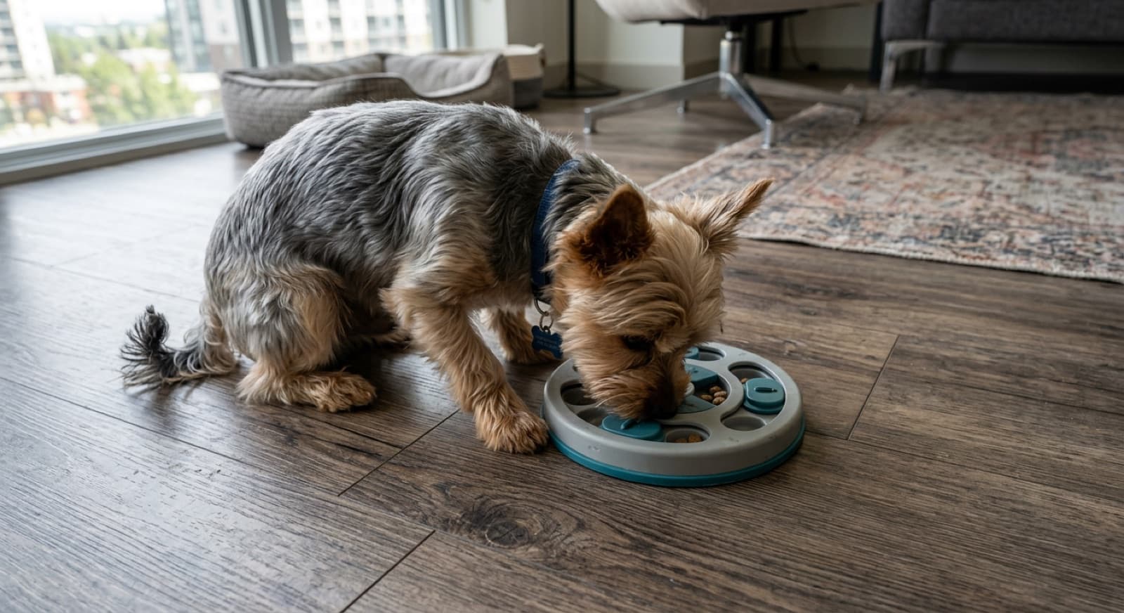 A Calgary owner working a force-free training session with a Yorkshire Terrier on the living-room floor, using a high-value treat for a 'look at me' cue.