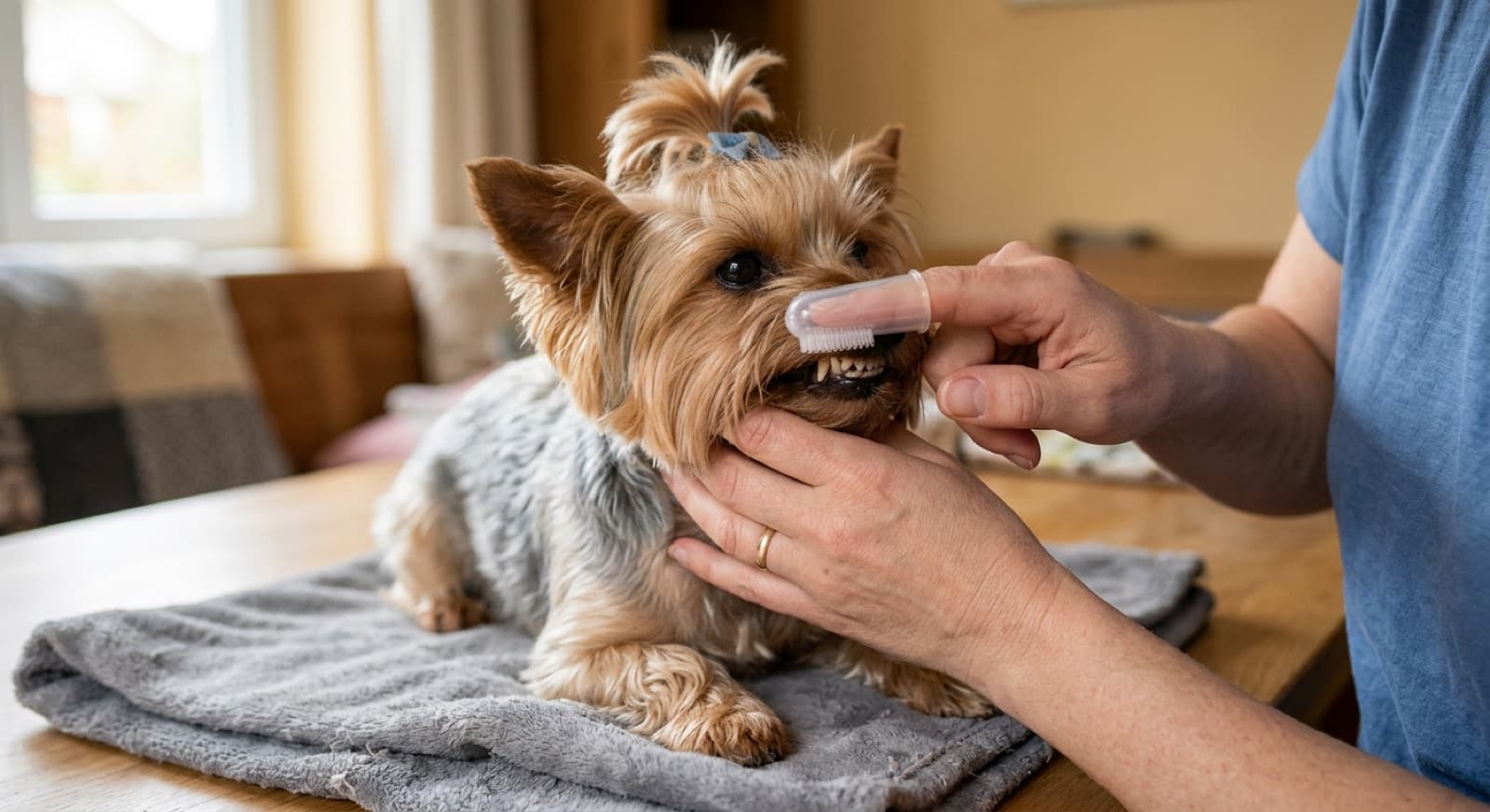Owner gently brushing the teeth of a Yorkshire Terrier with a finger brush and dog toothpaste in a calm home setting