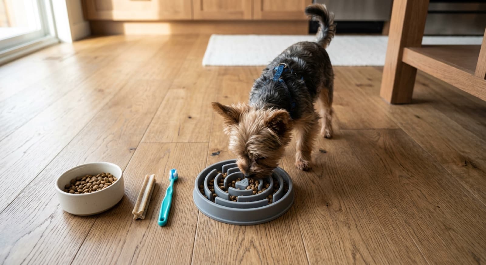 Calgary Yorkshire Terrier eating measured kibble from a small bowl on a kitchen floor