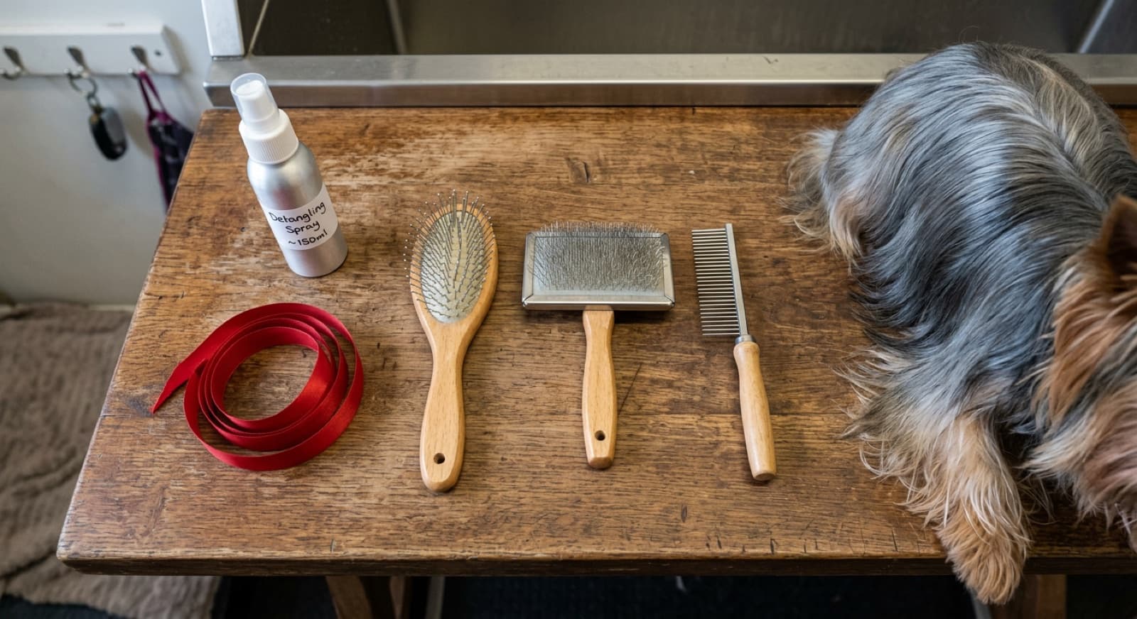 Owner brushing a Yorkshire Terrier with a pin brush at home in Calgary