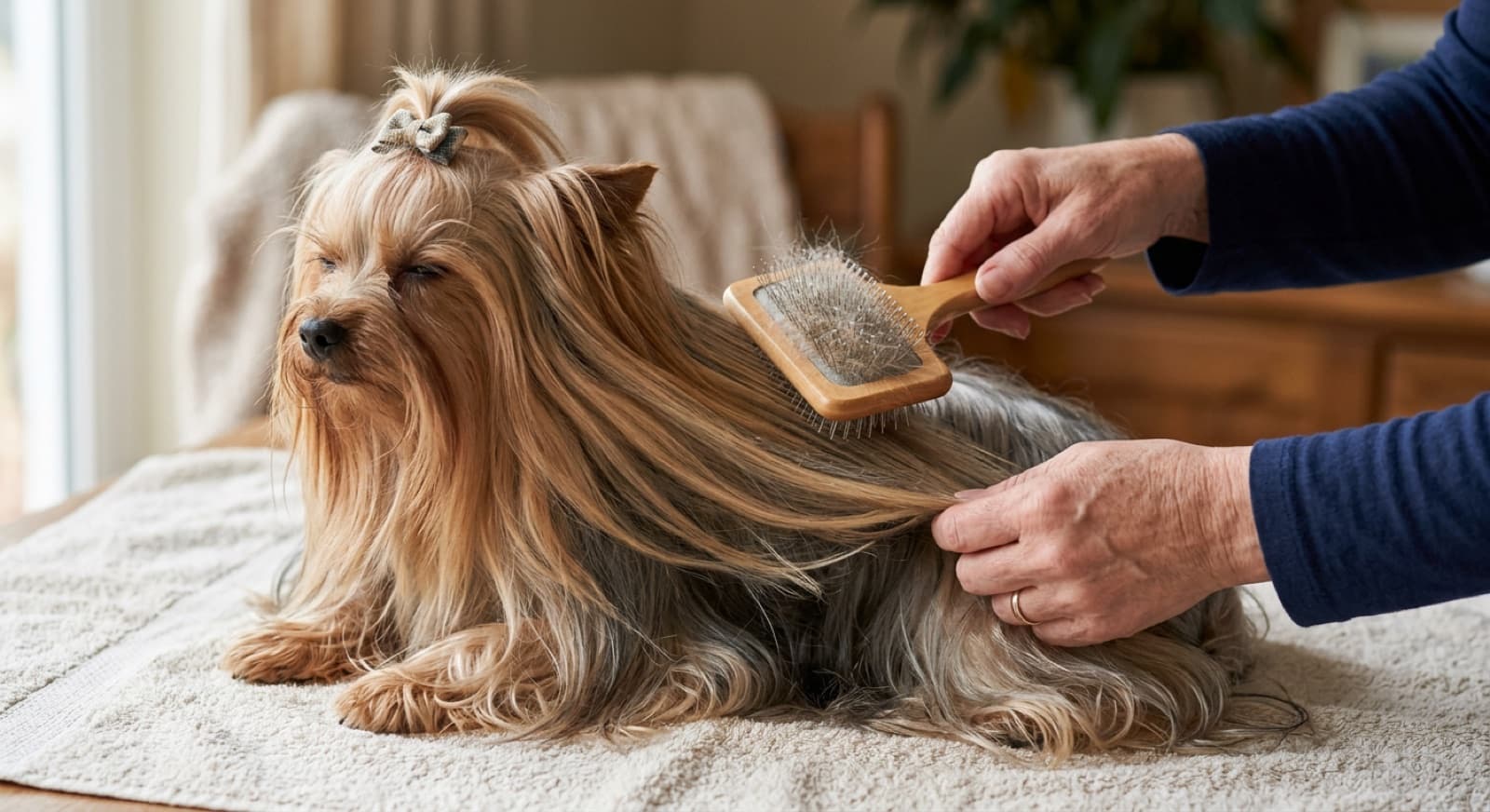 Yorkshire Terrier with a tidy puppy cut sitting on a grooming table in a Calgary salon