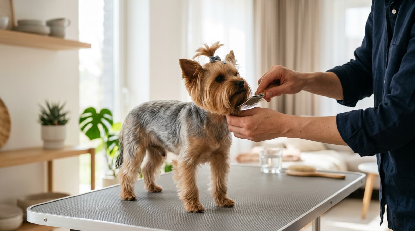 A Yorkshire Terrier with a topknot being brushed on a grooming table in a bright home