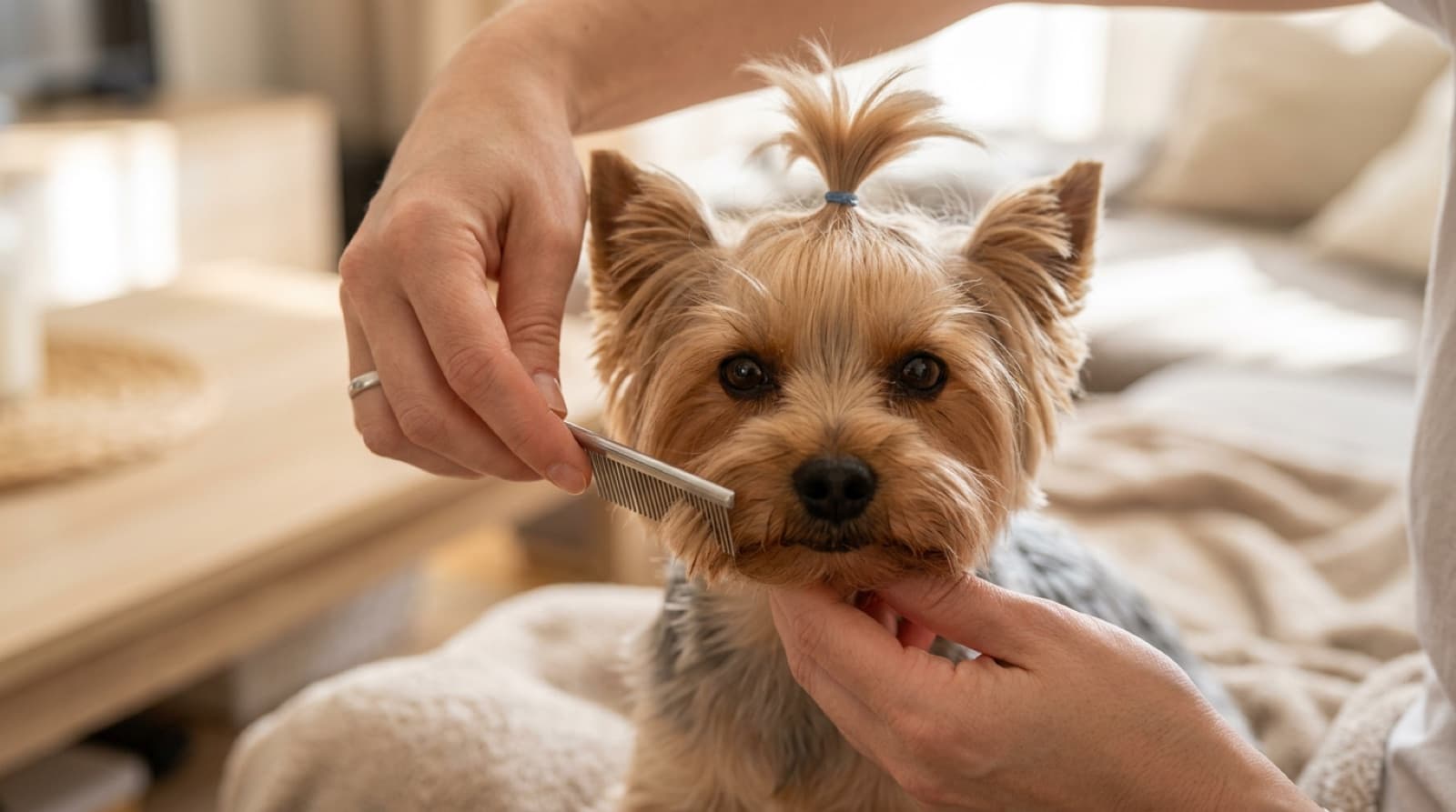 Close-up of a Yorkshire Terrier having its topknot tied and face hair tidied
