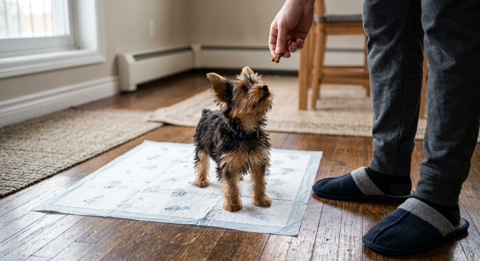 Tiny Yorkshire Terrier puppy on a designated potty spot in a Calgary backyard, owner crouching nearby with a treat reward, soft morning light