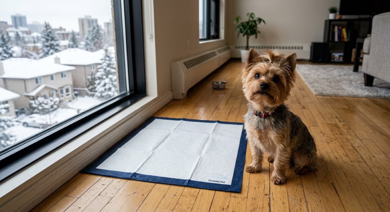Yorkshire Terrier sniffing a clean pee pad placed near a Calgary apartment door, indoor potty backup setup for extreme winter weather