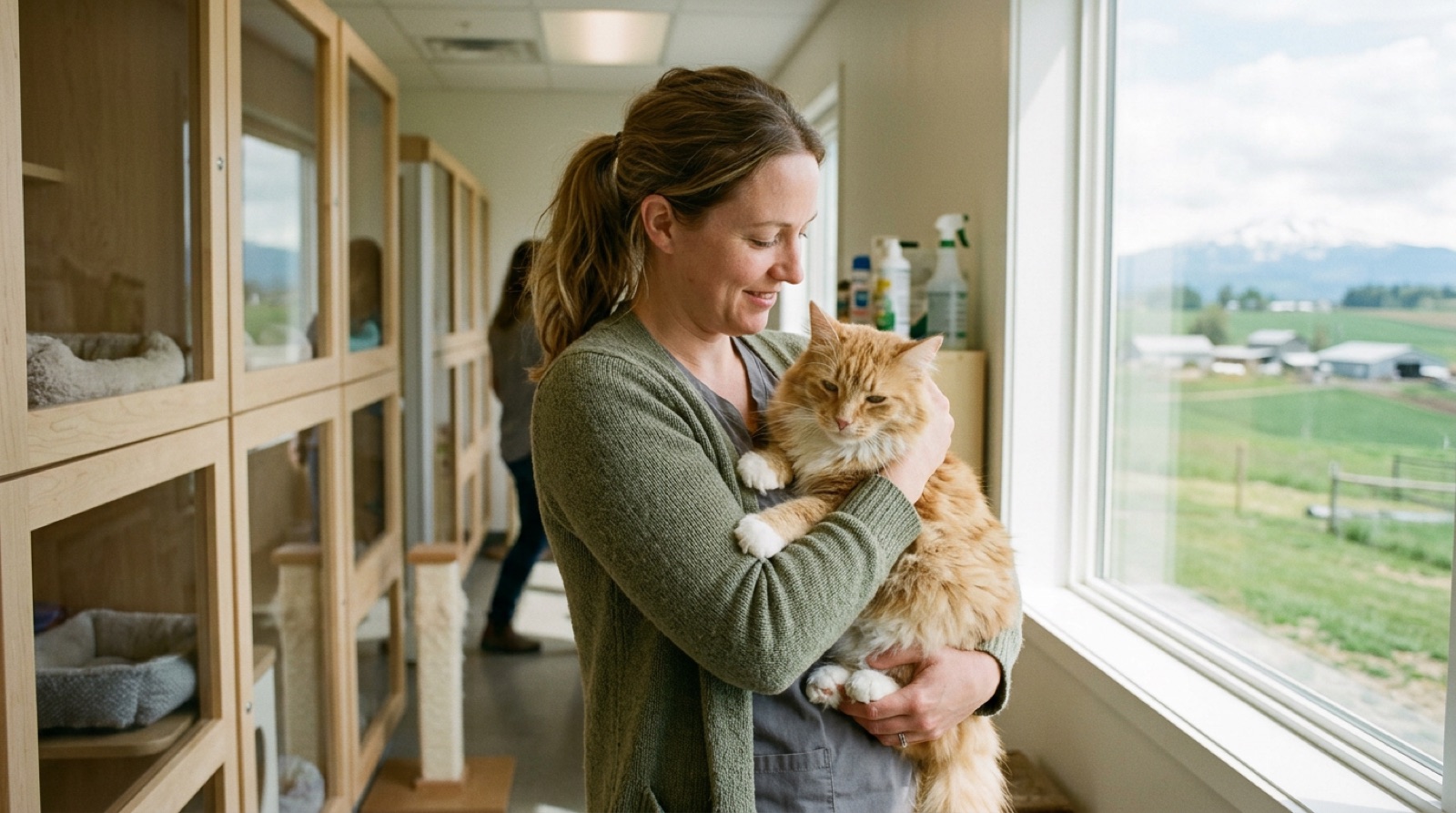 Volunteer holding an adoptable rescue cat at a shelter in Abbotsford BC