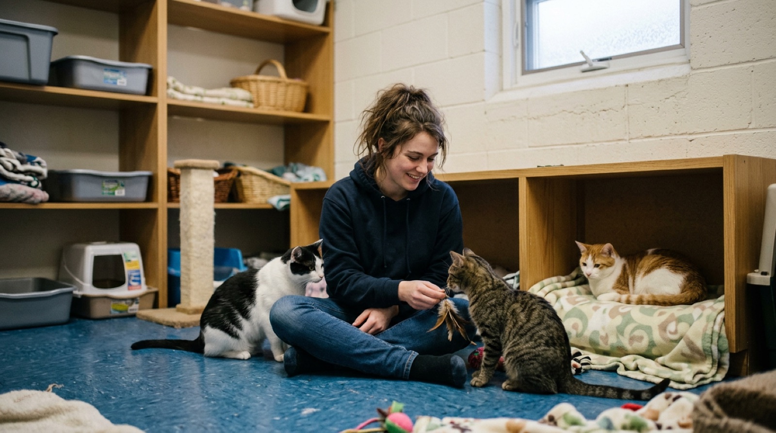 Volunteer holding an adoptable rescue cat at a Brandon Manitoba shelter