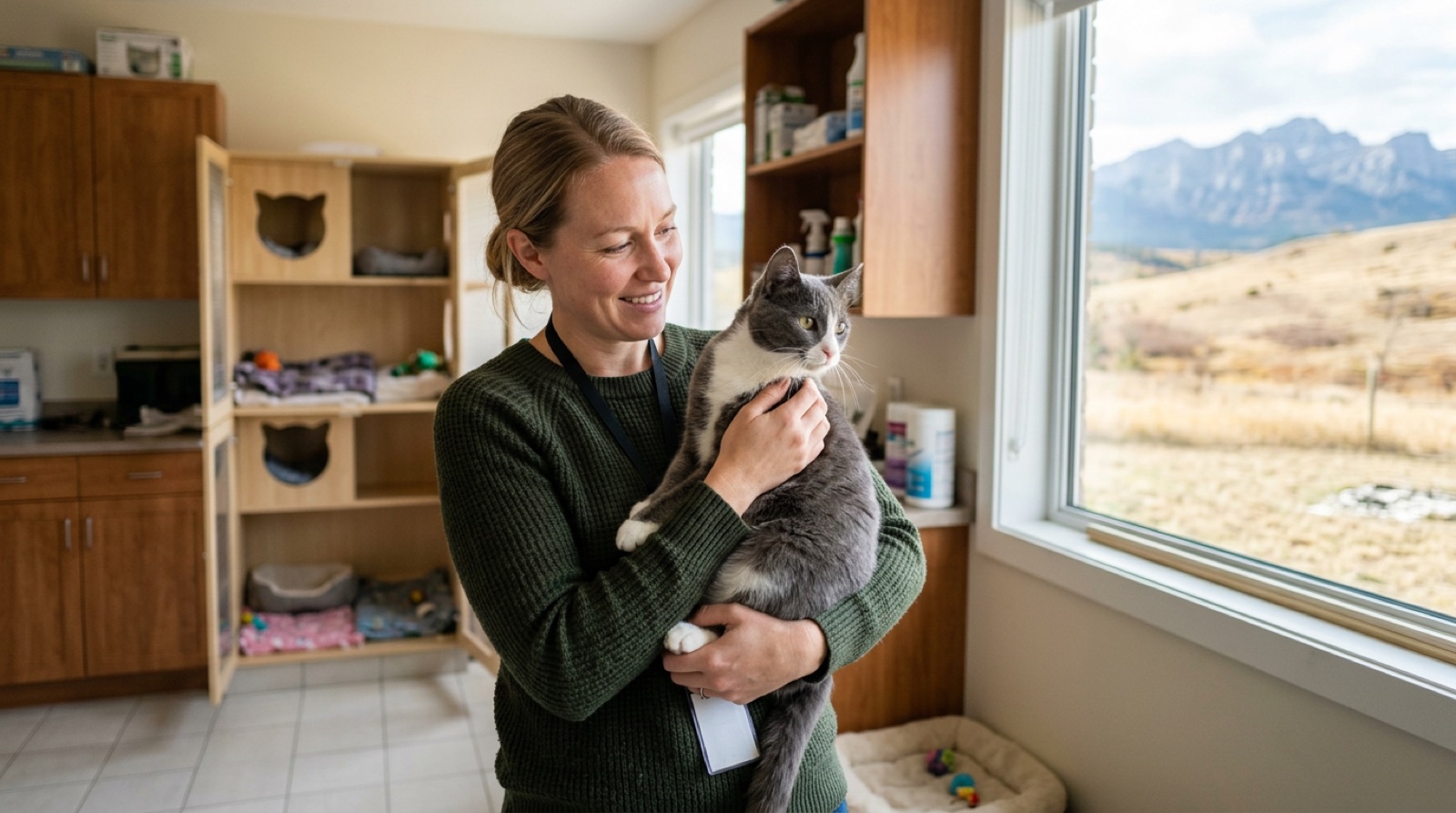 Volunteer holding an adoptable rescue cat at a shelter in Cochrane Alberta