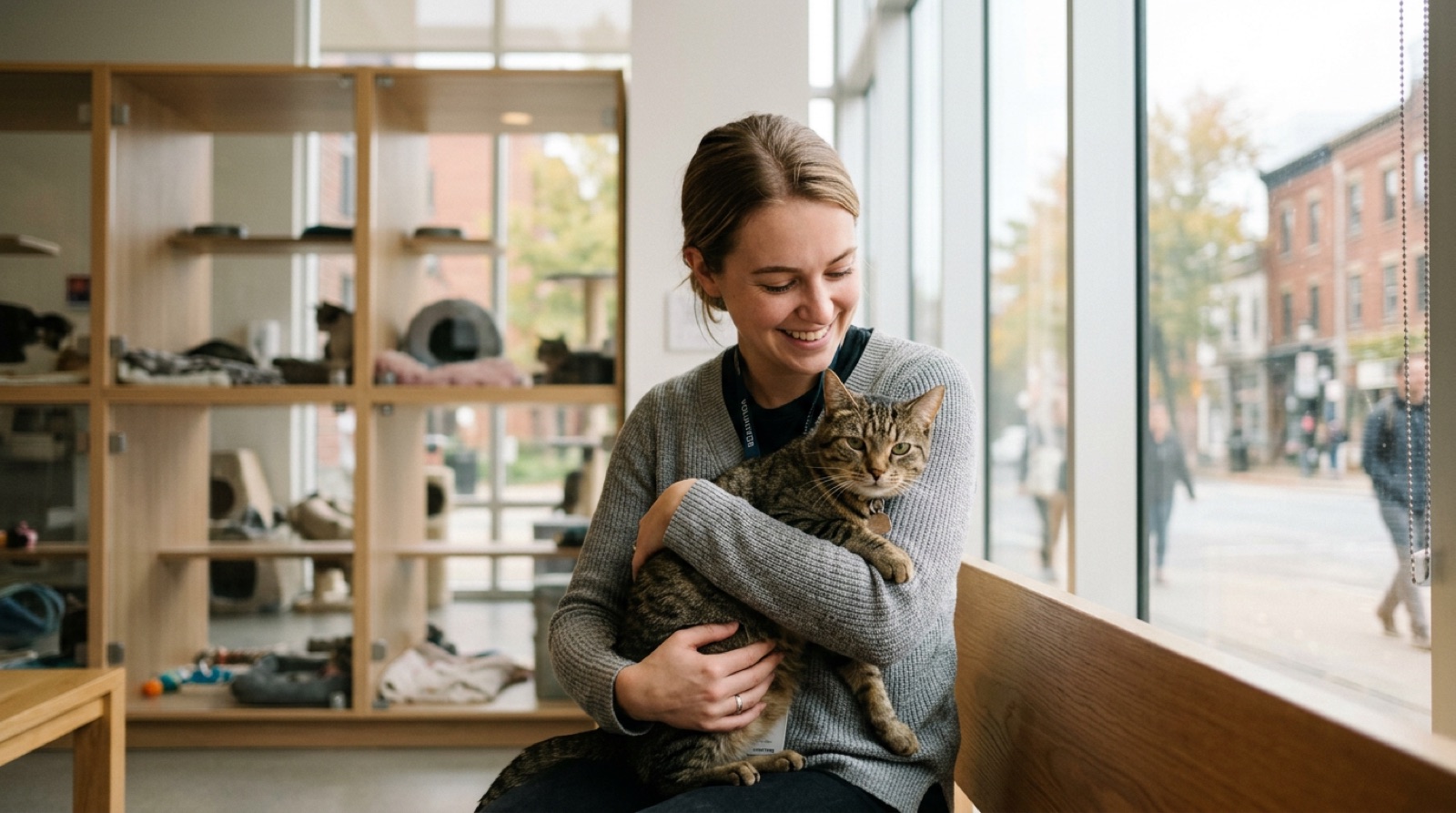 Volunteer holding an adoptable rescue cat at a Guelph Ontario shelter