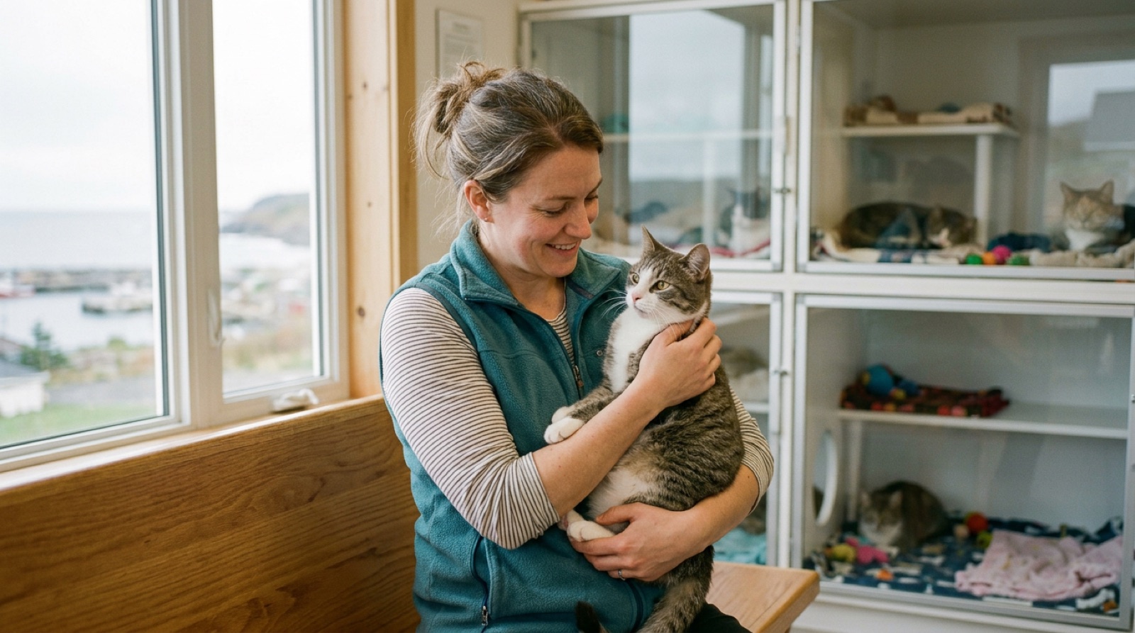 Volunteer with an adoptable rescue cat at a Halifax shelter