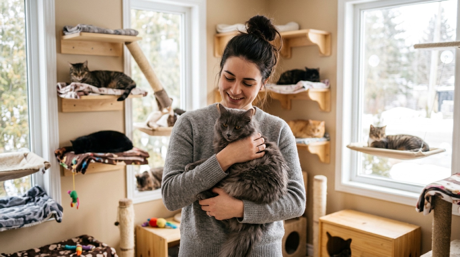 Volunteer holding an adoptable rescue cat at a Hamilton Ontario shelter