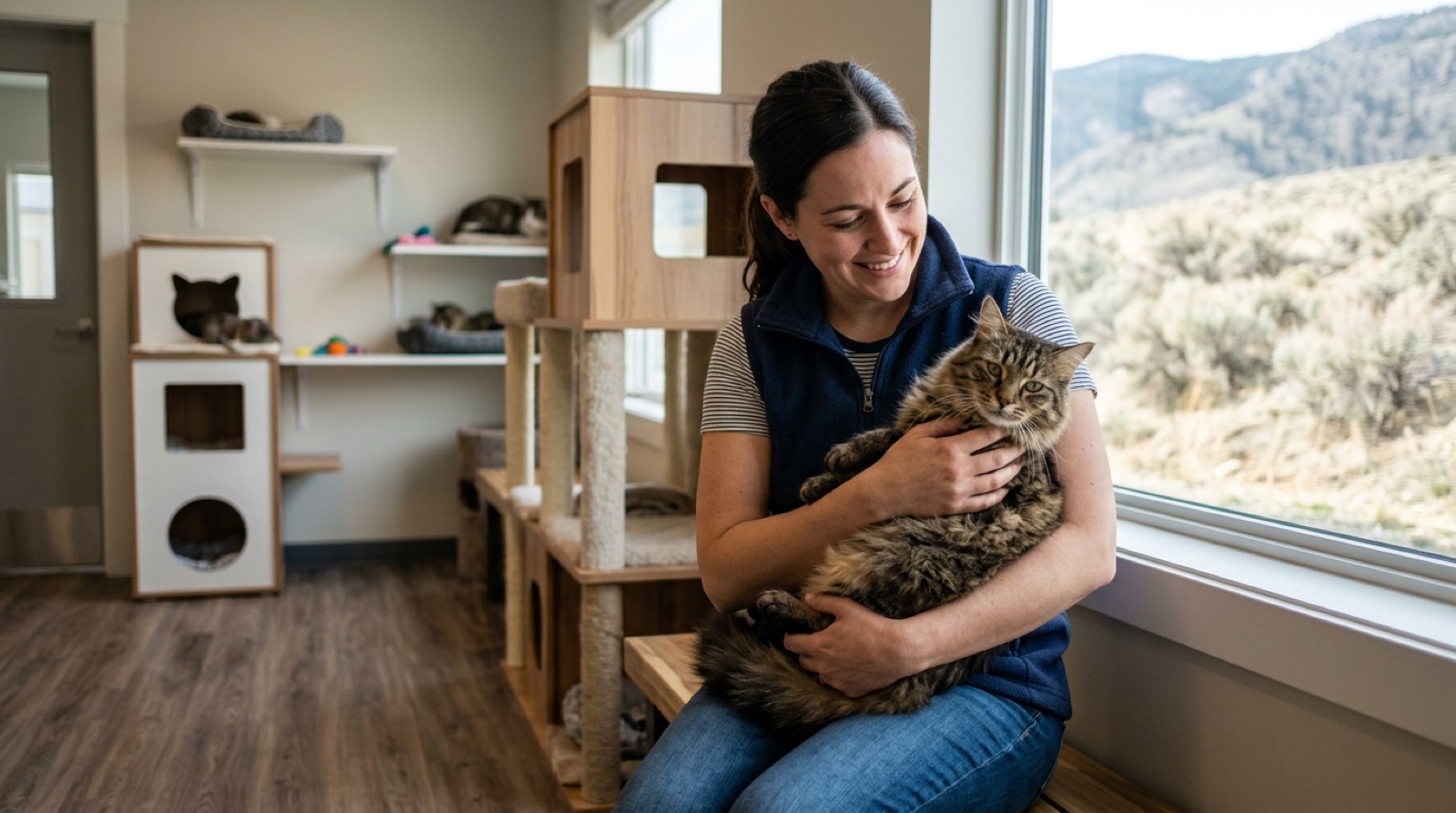 Volunteer holding an adoptable rescue cat at a shelter in Kamloops BC