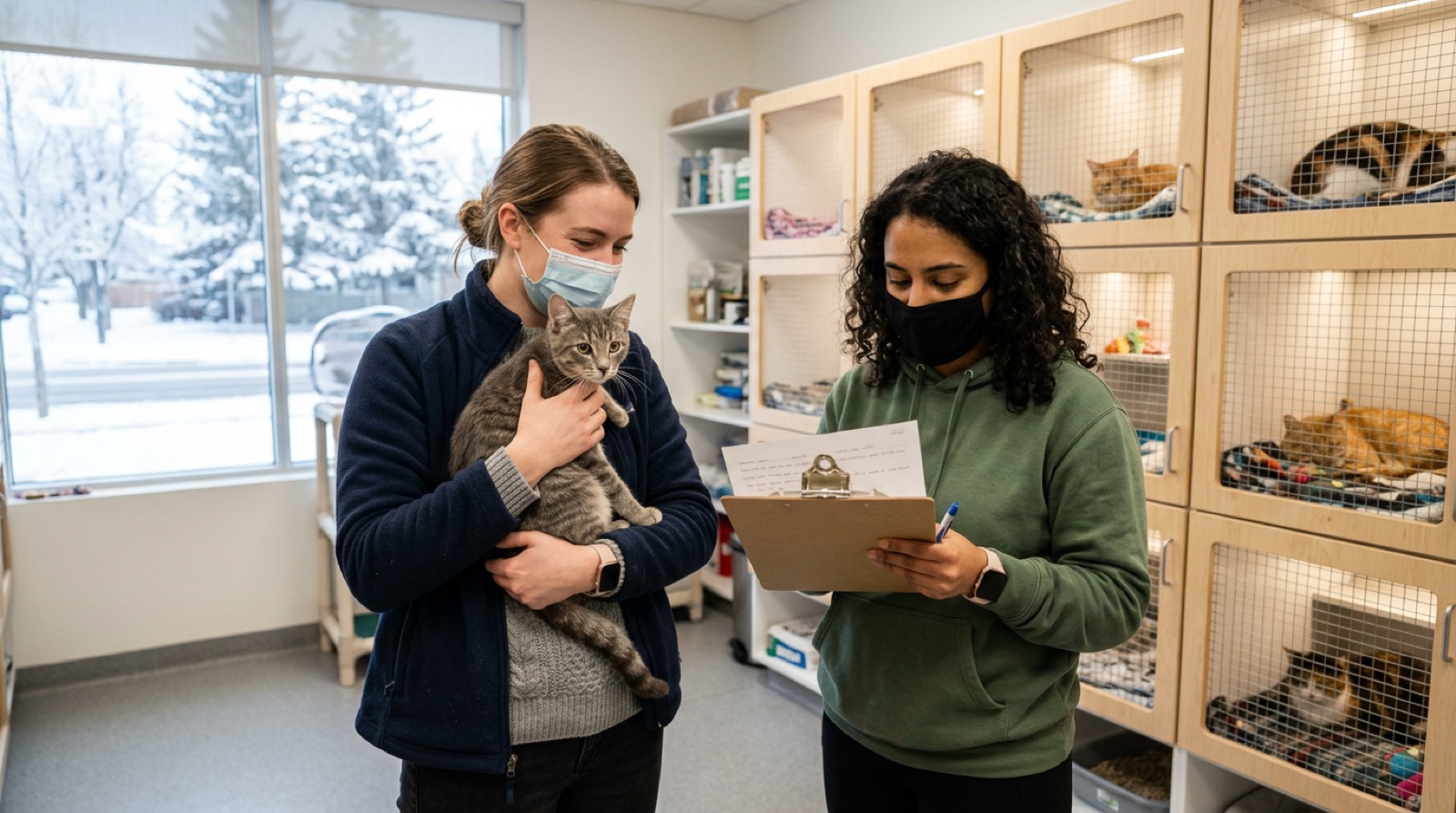 Volunteer holding an adoptable rescue cat at a Kingston Ontario shelter
