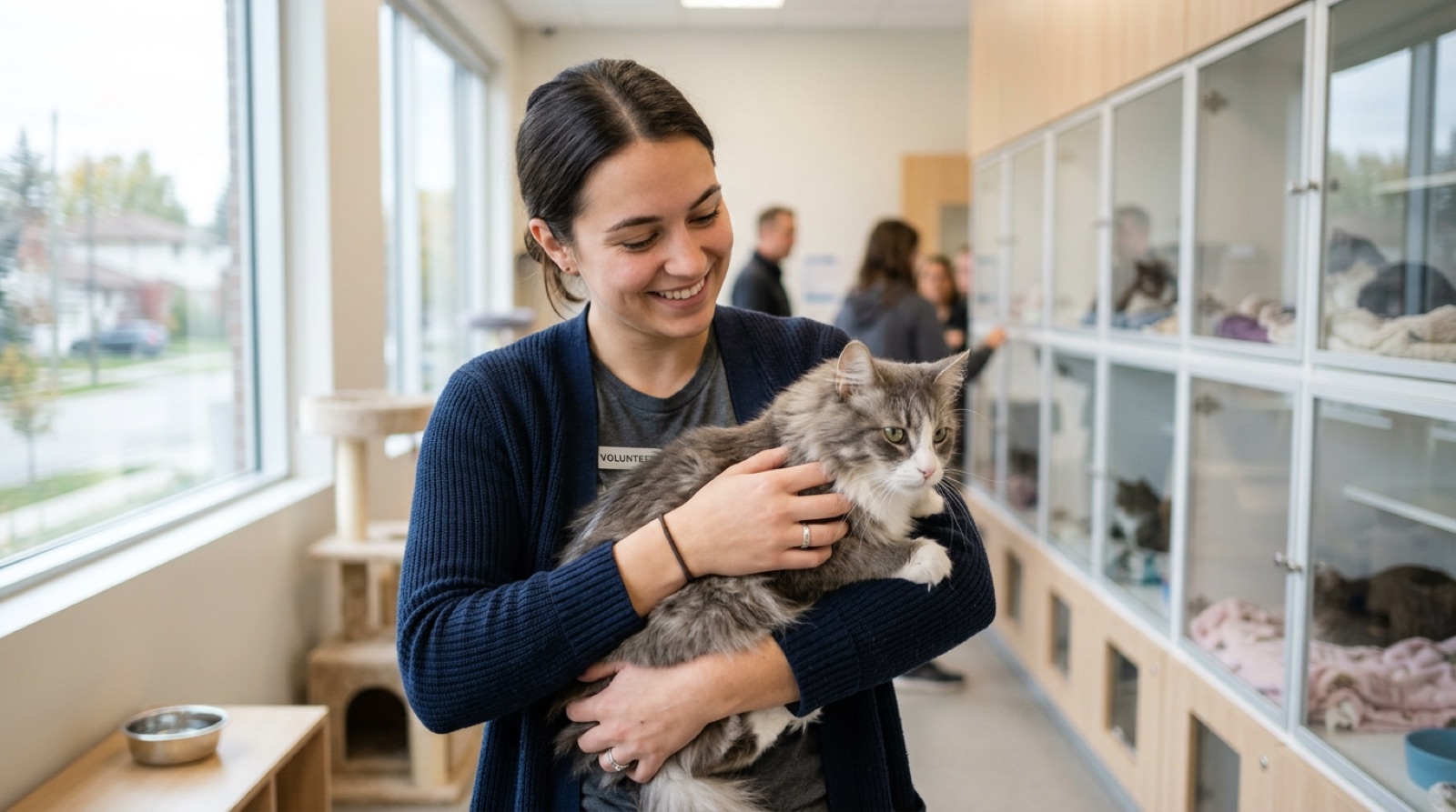 Volunteer holding an adoptable rescue cat at a Kitchener Waterloo Region shelter