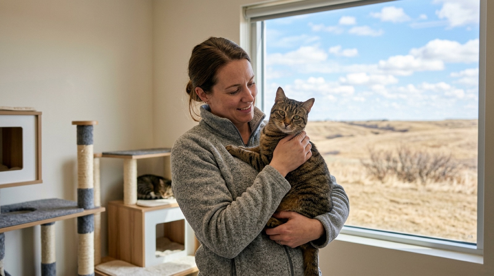 Volunteer holding an adoptable rescue cat at a shelter in Lethbridge Alberta