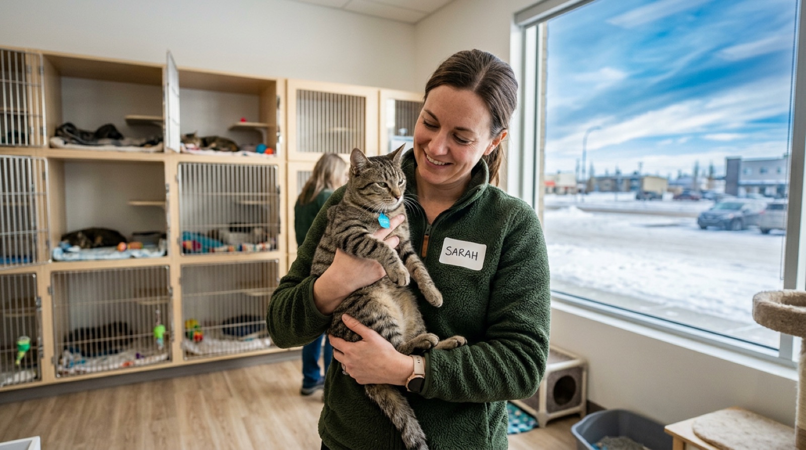 A rescue cat in a shelter adoption room in Lloydminster on the Alberta Saskatchewan border