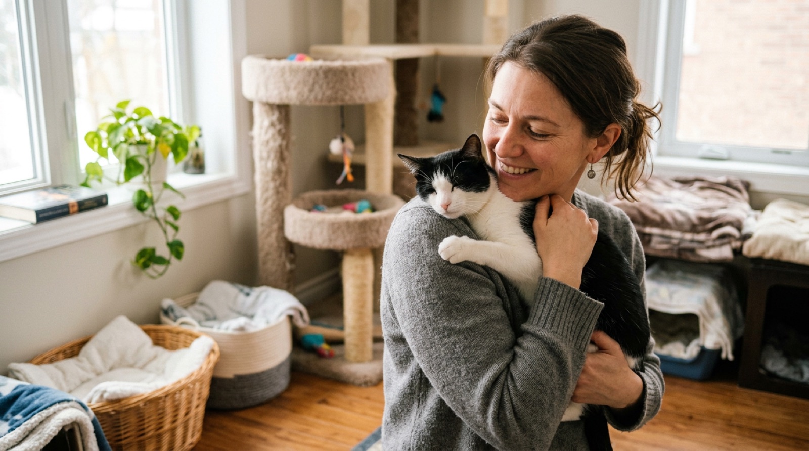 Volunteer holding an adoptable rescue cat at a London Ontario shelter