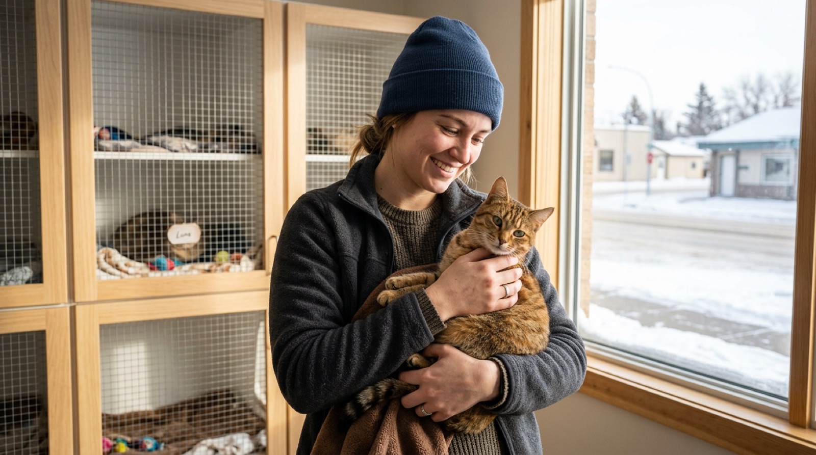 Adoptable shelter cat sitting in a sunny window in Moose Jaw Saskatchewan