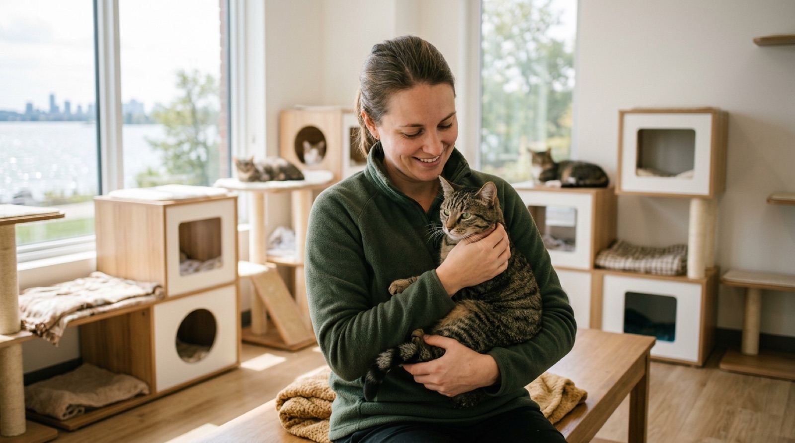 Volunteer holding an adoptable rescue cat at a shelter in Peterborough Ontario