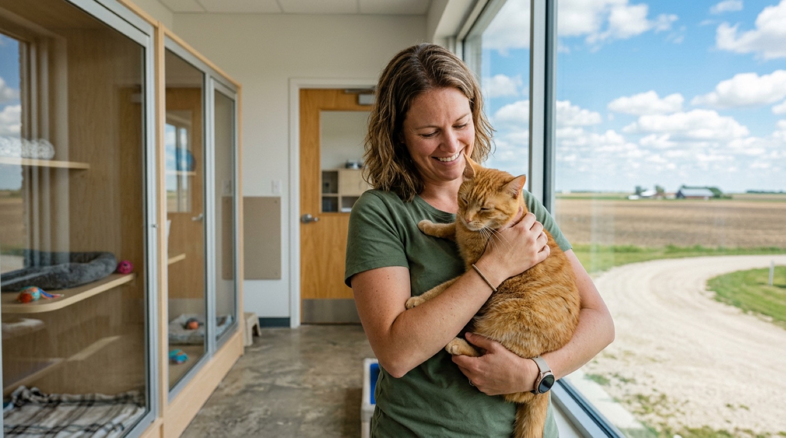 Volunteer holding an adoptable rescue cat at a shelter in Red Deer Alberta