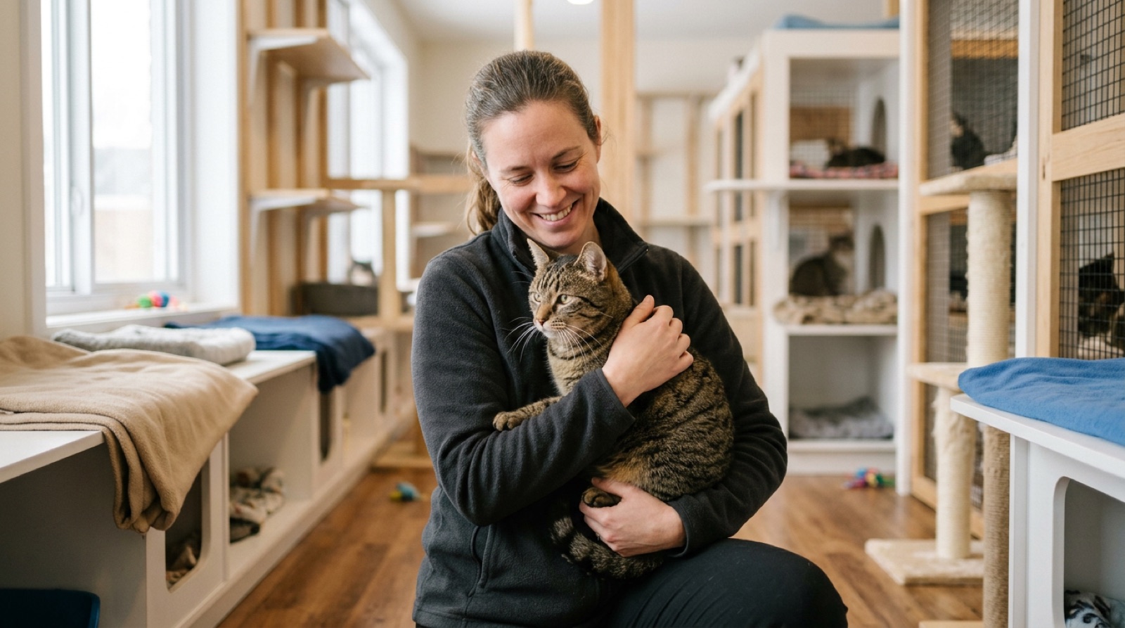 Volunteer holding an adoptable rescue cat at a Saint John New Brunswick shelter