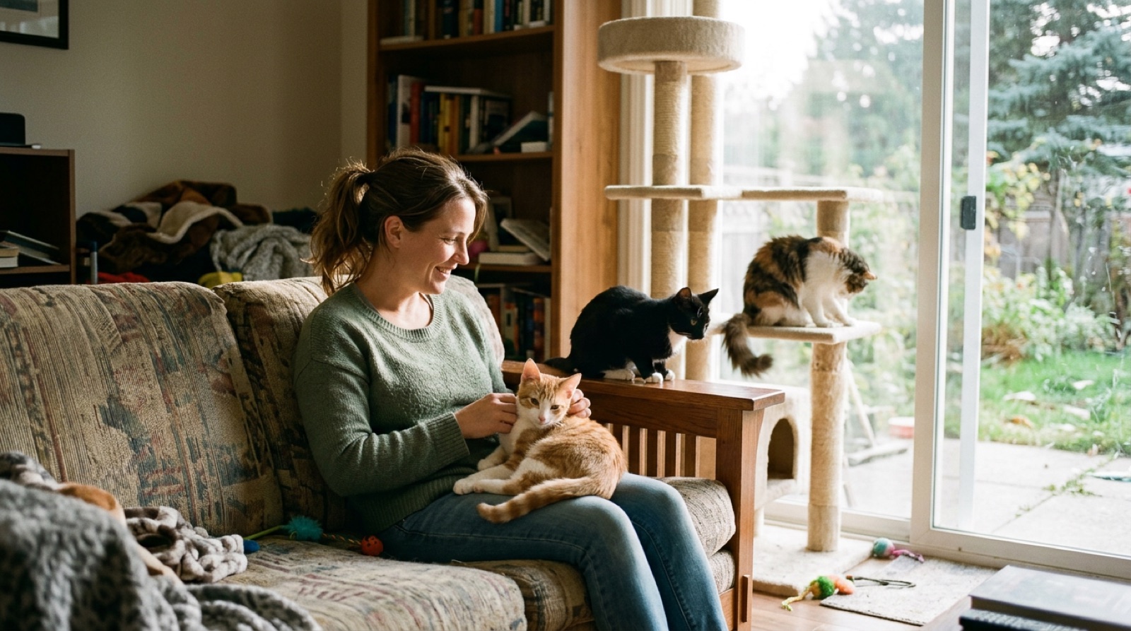 Volunteer holding an adoptable rescue cat at a St. Catharines Ontario shelter