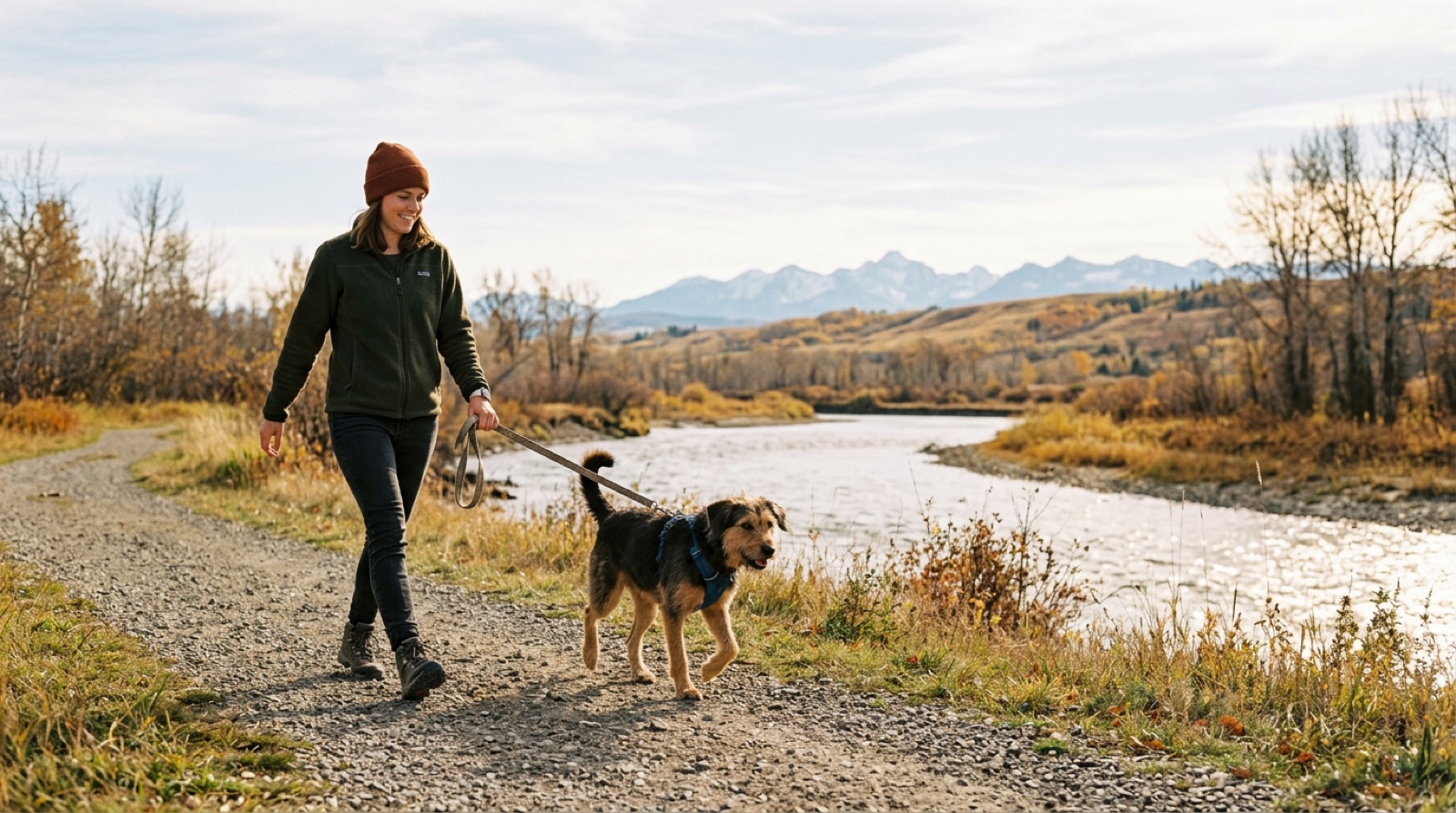 A rescue dog on a trail above the Bow River near Cochrane, Alberta with the foothills behind