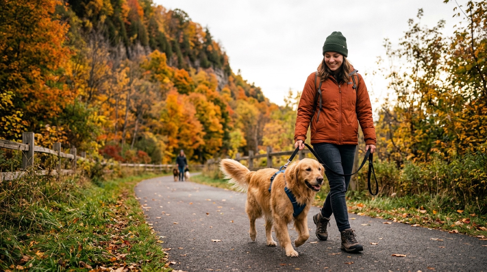 A medium-sized rescue dog on a leash walking a rail trail below the Niagara Escarpment in Hamilton, Ontario