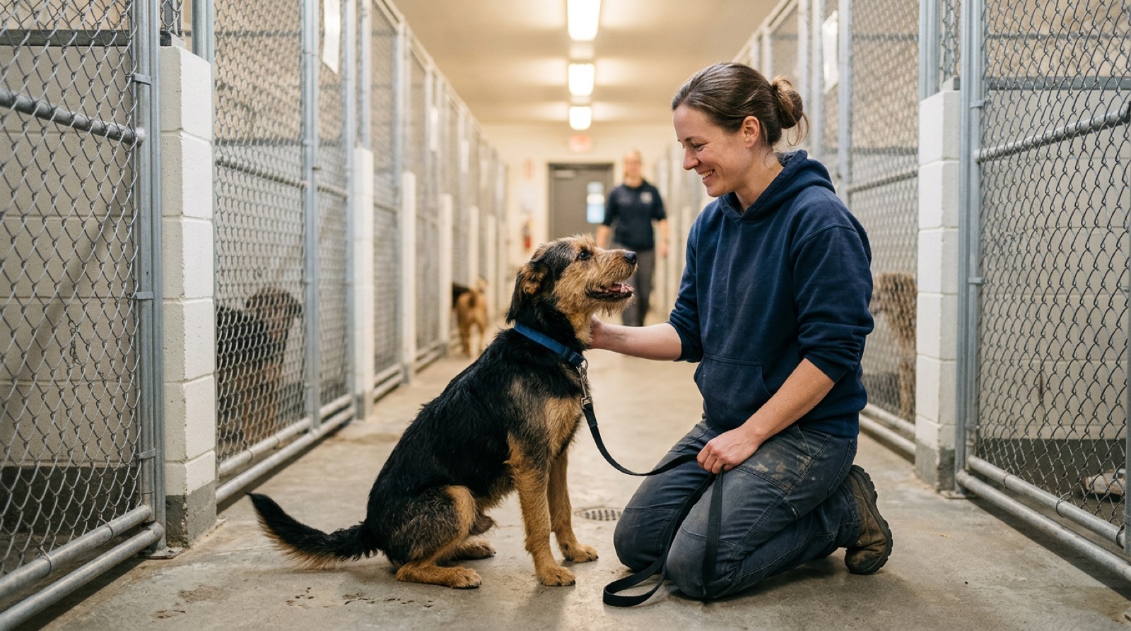 A volunteer greeting a friendly rescue dog at a London, Ontario shelter meet-and-greet