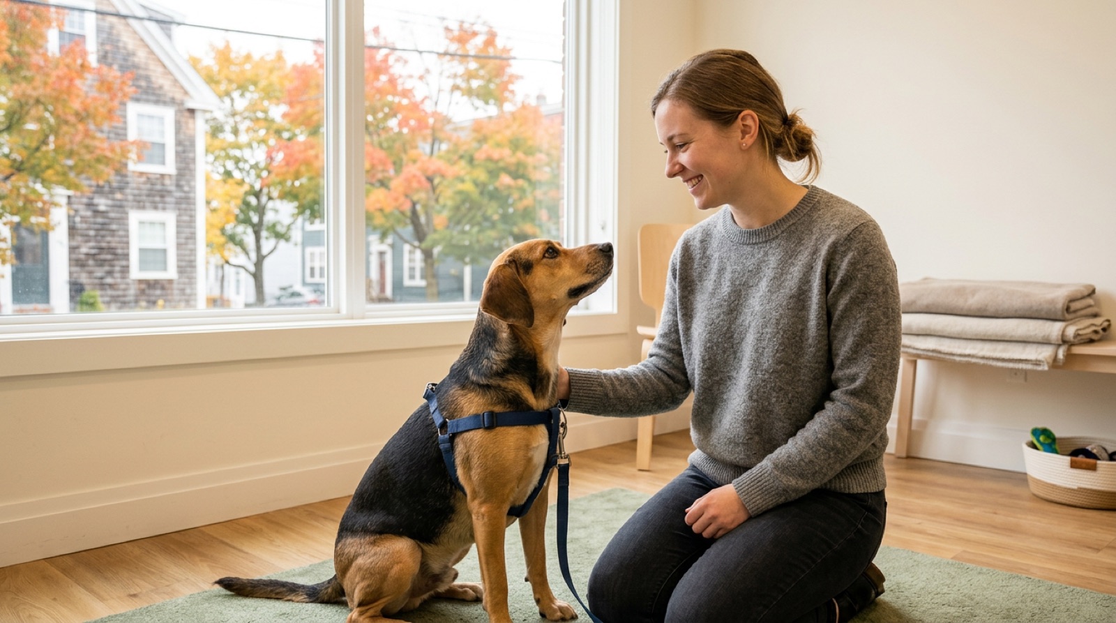 Volunteer greeting a friendly rescue dog at a Moncton shelter meet-and-greet