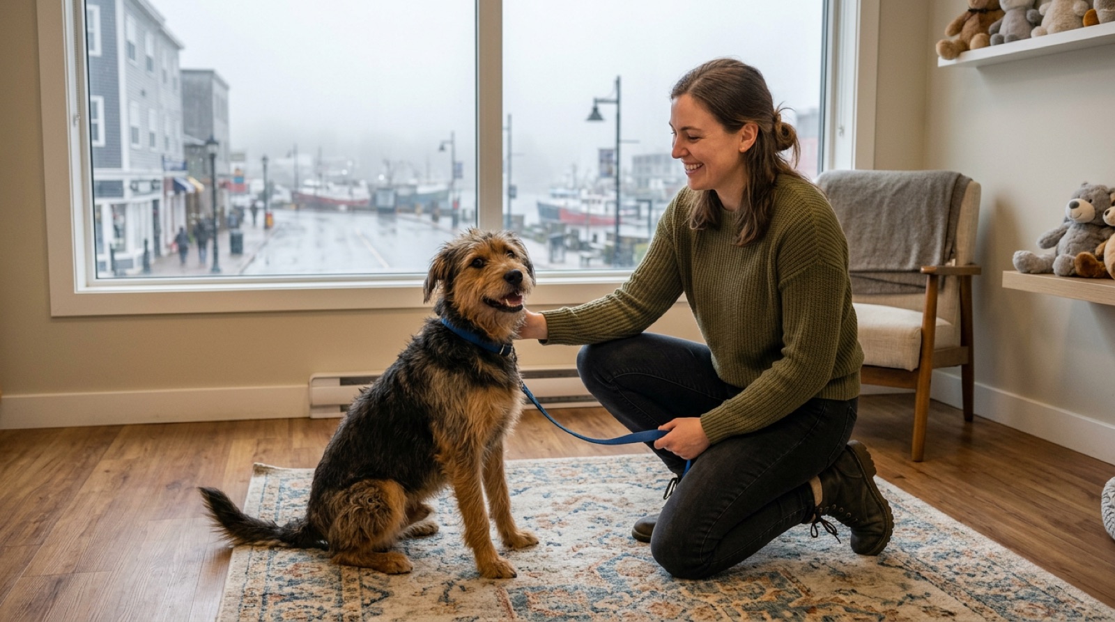 Volunteer greeting a friendly rescue dog at a Saint John shelter meet-and-greet