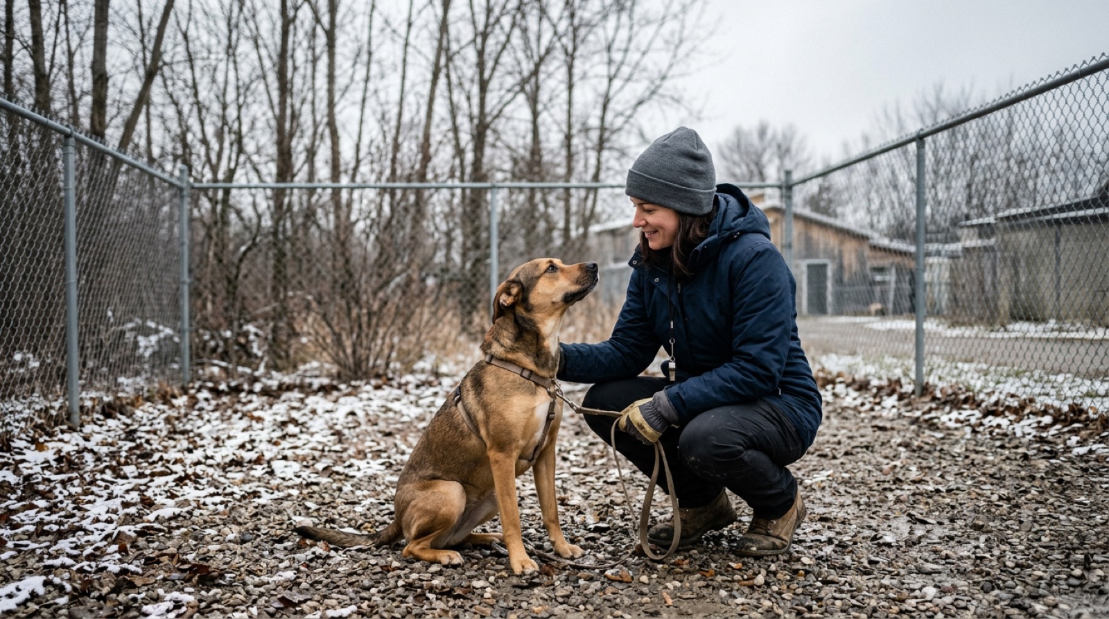 A rescue dog on a leash beside the Welland Canal in St. Catharines, Ontario