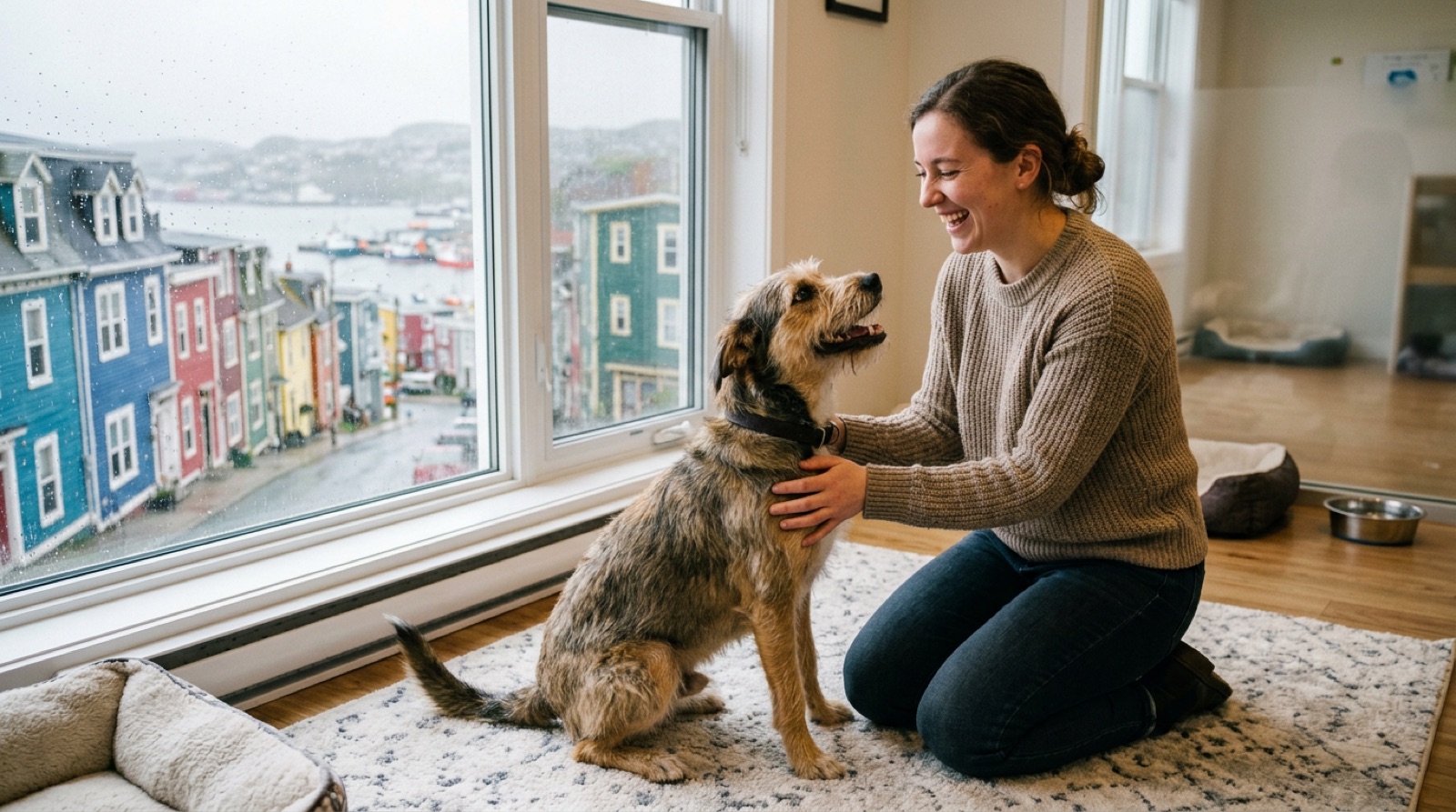 Volunteer greeting a friendly rescue dog at a St. John's shelter meet-and-greet