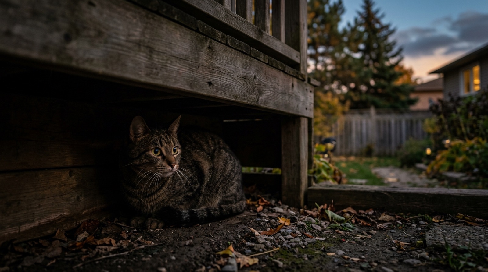 A frightened cat hiding under a backyard deck at dusk in a Calgary neighbourhood, where escaped indoor cats usually stay close to home