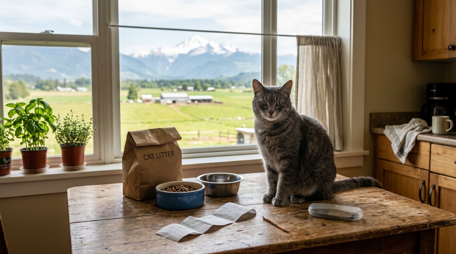 Rescue cat sitting beside food bowls and supplies in an Abbotsford BC home