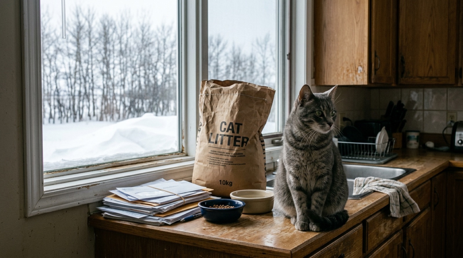 Rescue cat sitting beside adoption paperwork in a Brandon Manitoba home
