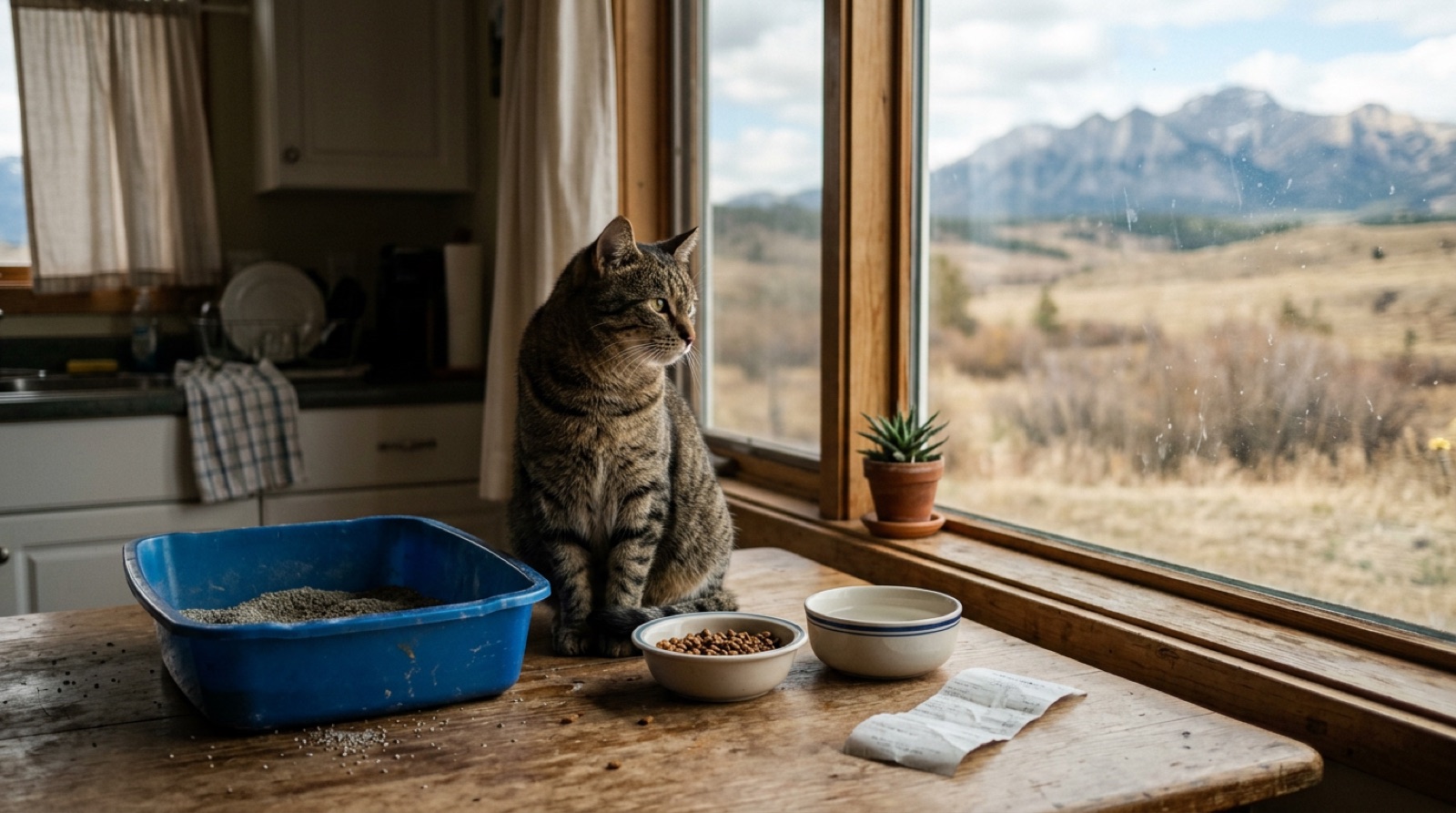 Rescue cat sitting beside food and litter supplies in a Cochrane Alberta home