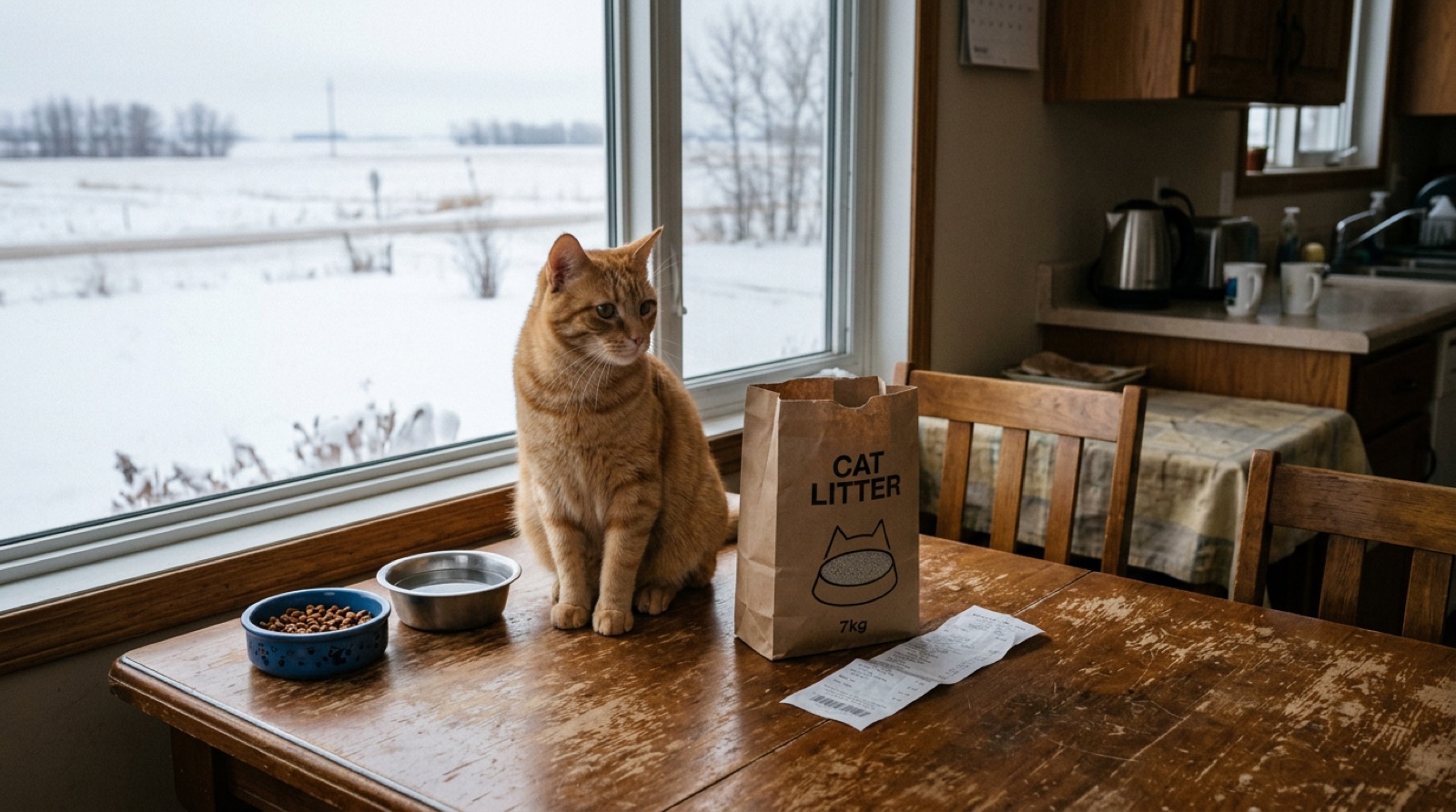 Cat sitting beside food and litter supplies in an Estevan Saskatchewan home